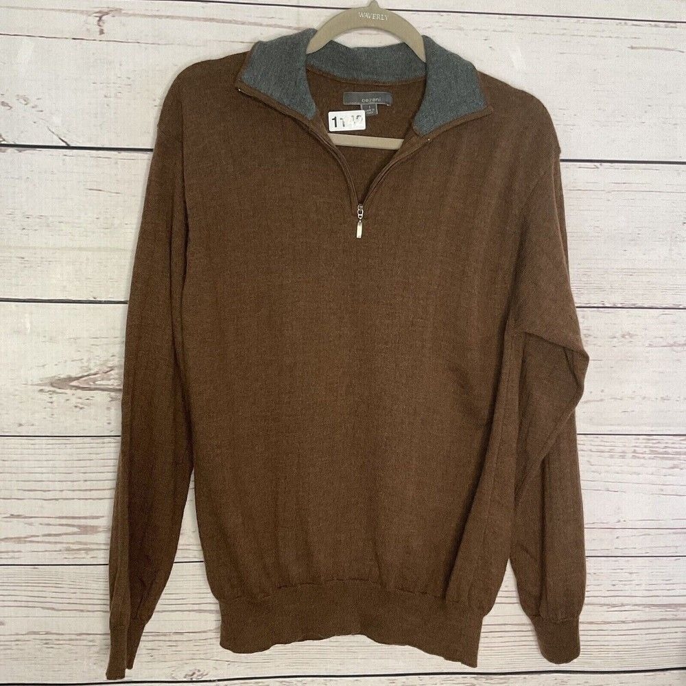 Cezani Brown 1/3 Zip MockNeck Sweater Men L Italy 100% Wool‎ Hand Wash